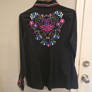 Panhandle Slim Black Button-Down Shirt with Pink & Blue Embroidery